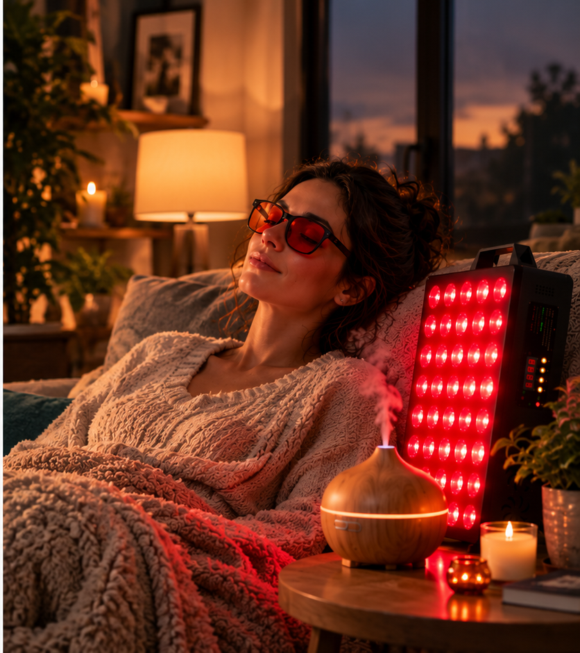 Después: mujer relajada con gafas antiluz azul, difusor y panel de luz roja Bremux