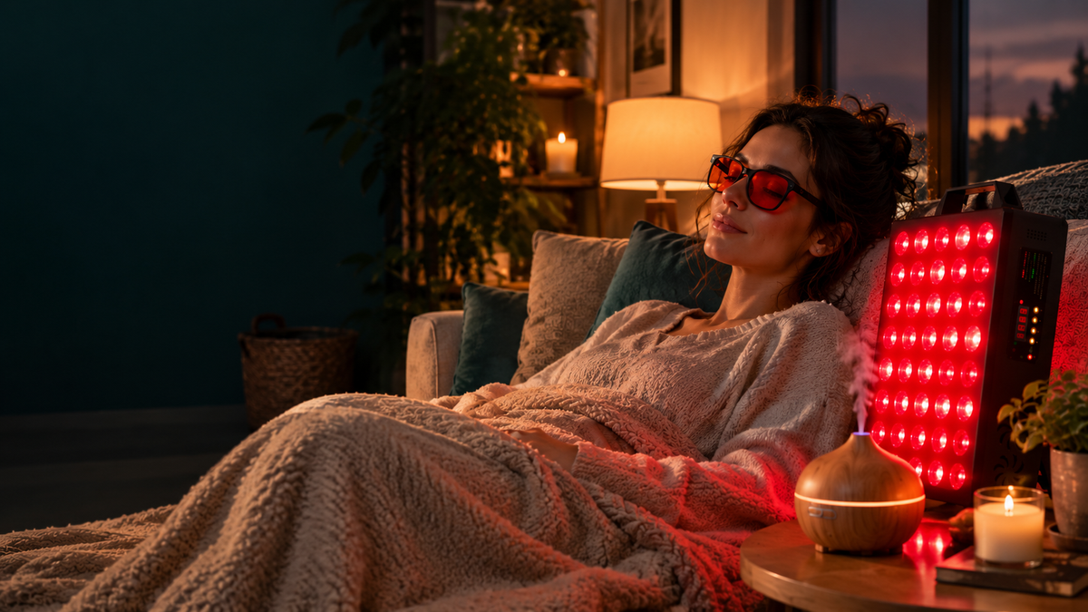 Mujer relajada en el sofá con gafas antiluz azul, difusor de aromas y panel de terapia de luz roja Bremux